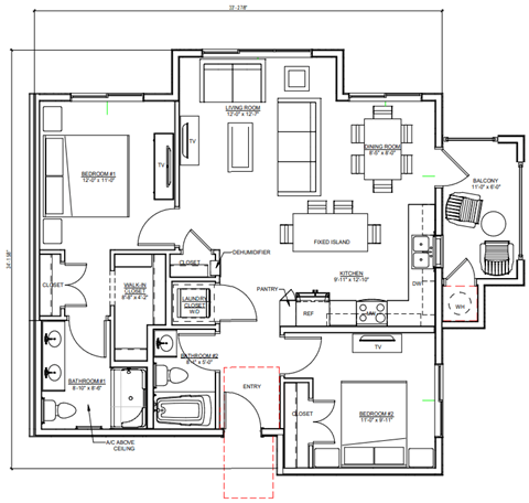 Floor plan for 2 beds, 2 baths, 944 sqft